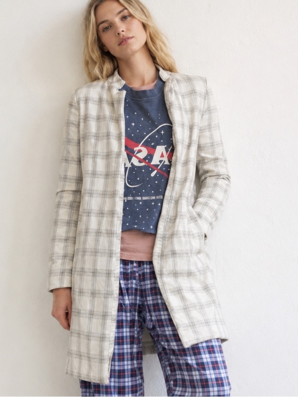 Carolina Belle White Windowpane Plaid Ling Blazer Cardigan Sz XS